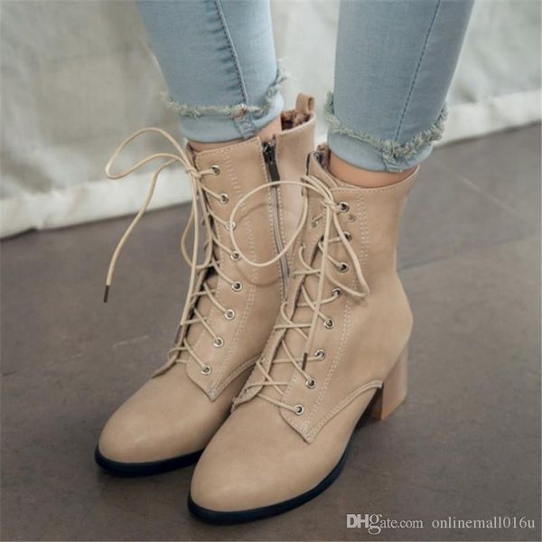 

plus size 34-45 autumn winter women boots high heels lace-up ladies sapatos martin leather boots square heel snow boots shoes, Black