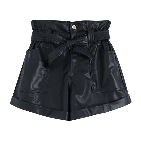 

chic women pu leather shorts autumn 2019 new fashion wide leg bottom black color modern lady casual high waist short, White;black