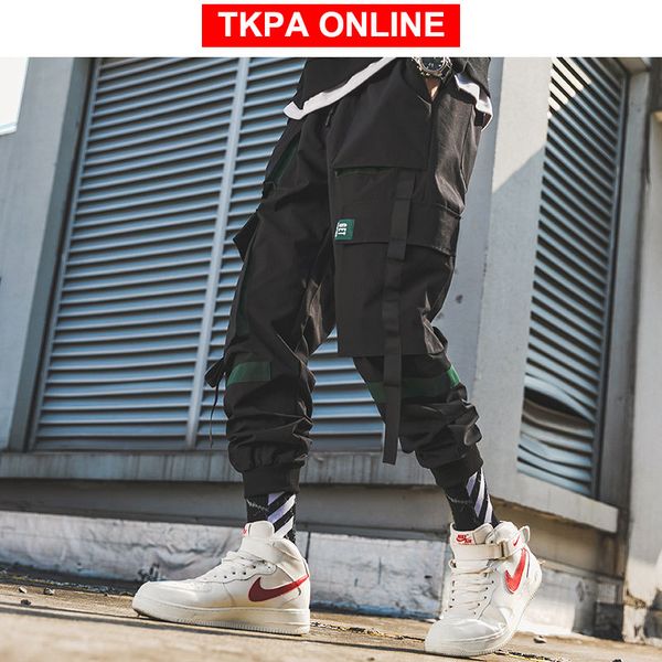 

men ribbons streetwear cargo pants 2020 autumn hip hop joggers pants overalls black fashions baggy pockets trousers