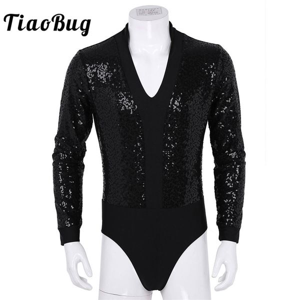 

tiaobug shiny sequins long sleeves high cut one-piece leotard men shirt bodysuit festival rave stage performance dance costume, White;black
