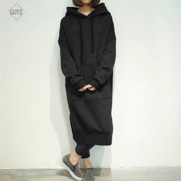 

women 2019 dress spring autumn casual loose long hoodies sweatshirt full split fleece sleeve hooded vestidos plus size, Black;gray
