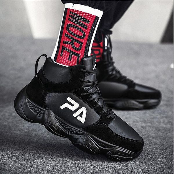 

2019 crazy thick buttom boots mens runner shoes all black pu leather men's trainers high sports sneakers