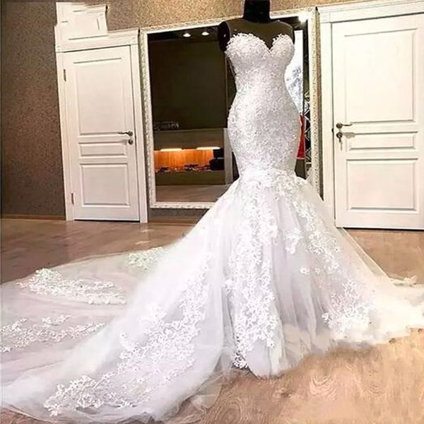 

robe de mariee 2020 mermaid lace wedding dresses appliques beads long chapel train sheer neck bridal dress vestido de noiva, White