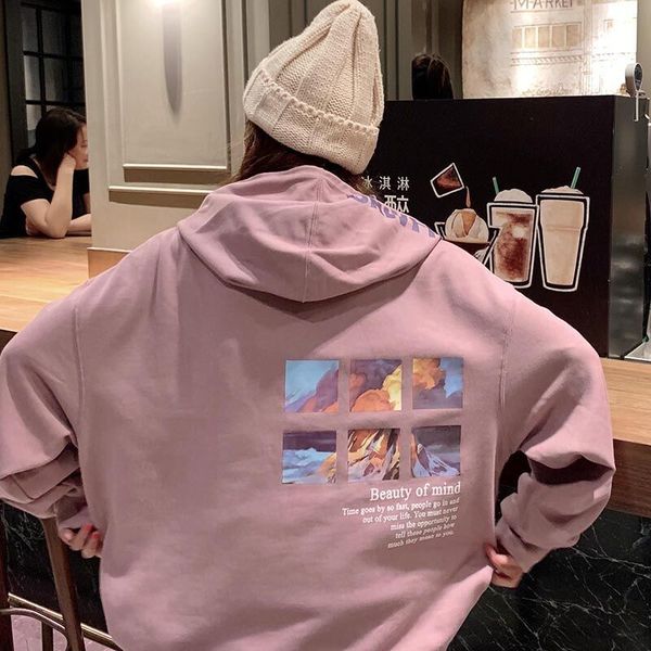 

женская мода с длинным рукавом фуфайки корейский ulzzang harajuku printed флис толстовка с капюшоном женский сыпучие толстовки топы, Black