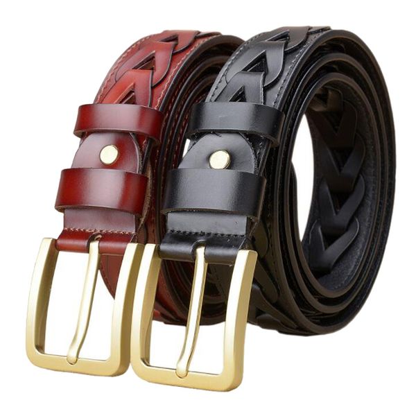

western hollow out design genuine leather copper men belt fashion hand brided jeans causal men belt, Black;brown