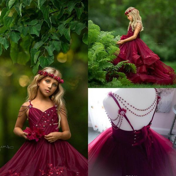 

2020 burgundy tulle princess flower girls' dresses for weddings with beading embroidery 3d-applique long pageant party gowns birthday d, White;red