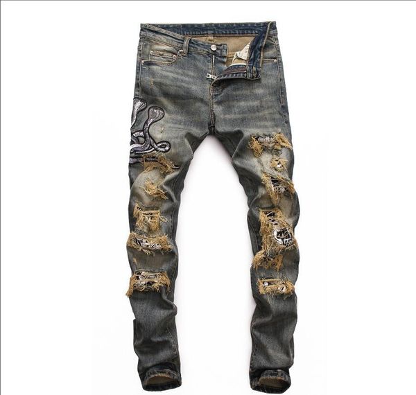 

новый 2020 мужчина разорванного denim рвущих джинсов navy черного хлопок мода tight весна осень мужские брюки bb326, Blue