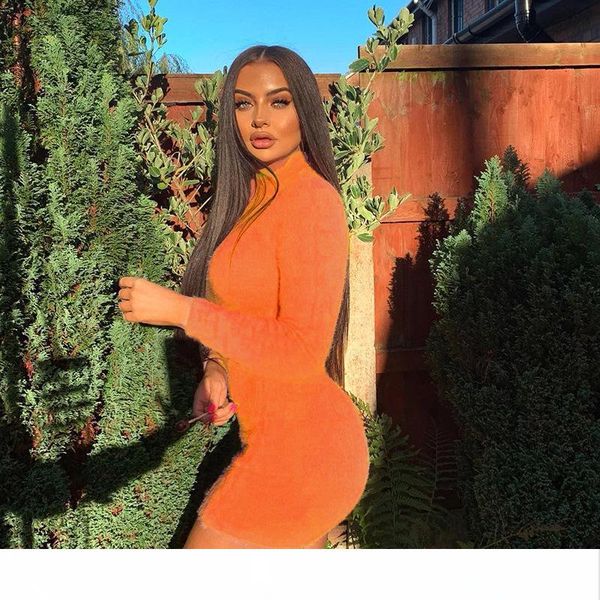 

hairy bodycon dress women autumn 2020 fashion dresses party long sleeve clubwear furry solid basic mini dress slim, Black;gray