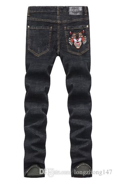 

высокое качество новый мужской вышивка тигровая голова джинсы тонкий джинсовые джинсы мужская мода молния брюки мужские прямые джинсы брюки, Blue