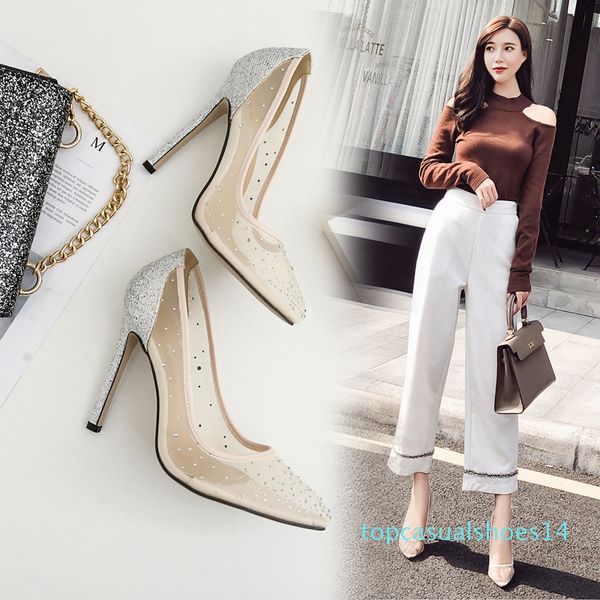 

luxury bridal wedding shoes meshy rhinestone pointed pumps fashion luxury designer women shoes nude silver size 35 to 40 14t, Black