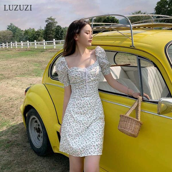 

luzuzi summer dress 2020 retro boho women tie neck floral print floral mini white dress puff sleeve korean vestidos, Black;gray