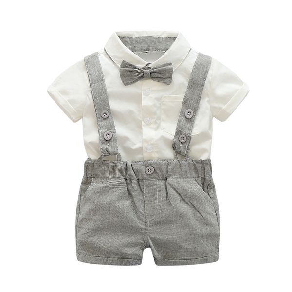 

kids baby boys summer gentleman bowtie short sleeve shirt+suspenders shorts set children clothes roupa infantil jongens kleding, White