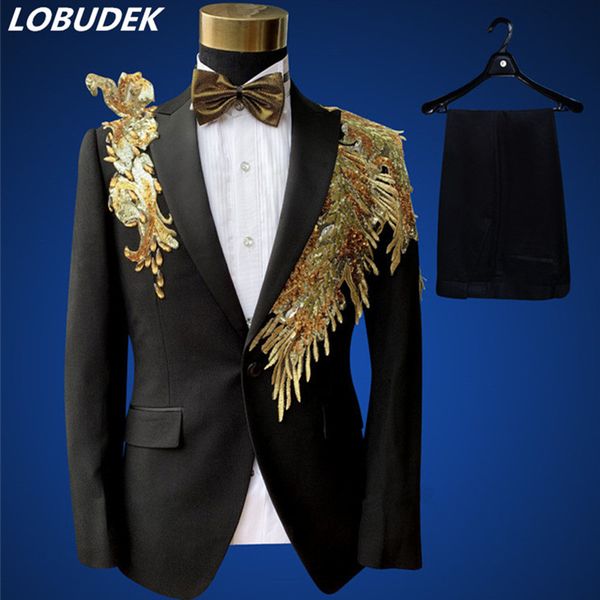 

fashion design gold black sequins tuxedo men's suits formal wedding groom suit nightclub bar stage singer chorus host costumes, White;black