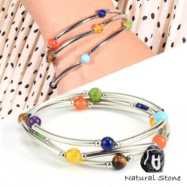 

2020 new design fashion women 7 chakra bracelet 3 stands copper tube natural stone beads bracelet healthy yoga bangles jewelry, Black