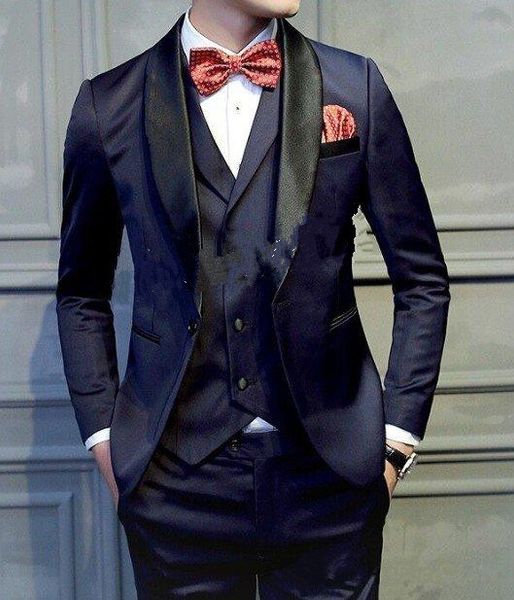 Yeni Slim Fit Geri Vent Bir Düğme Lacivert Düğün Damat Smokin Şal Yaka Groomsmen Erkekler Balo Blazer Suits (ceket + Pantolon + Yelek + Kravat) 193