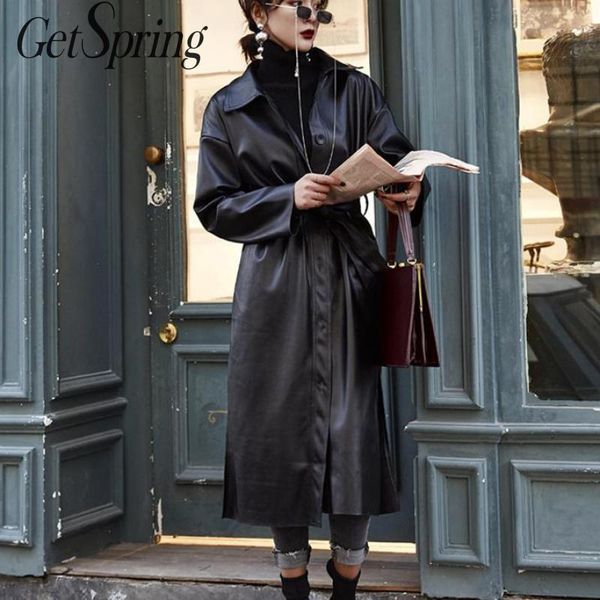 

getspring женское пальто женские куртки из искусственной кожи мотоциклетные пальто бандаж плюс размер длинные черные зимние кожаные куртки 2, Black