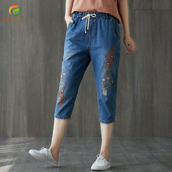 

harem capris female denim high waist breeches women's summer jeans stretch slim embroidery cropped jeans for women large size, Blue