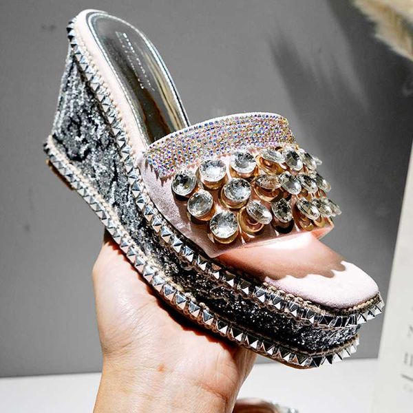 

rivet slippers casual shoes woman 2020 multicolored sandals glitter slides women heels rubber flip flops med shale female beach, Black