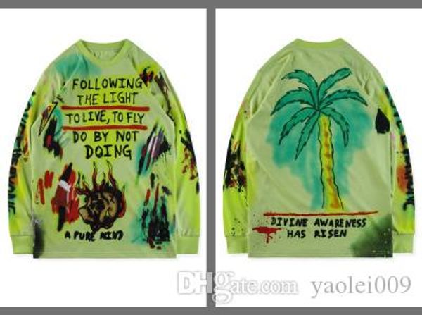 

mens fashion long-sleeved t shirts kanye west with wes lang wyoming tee hand-painted graffiti round neck thick, White;black