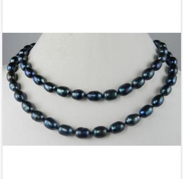 

long 36" 7-8mm genuine natural rice black akoya cultured pearl jewelry necklace, Silver