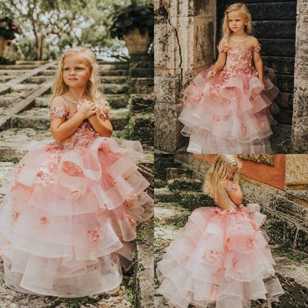 Consideravelmente rosa Princesa Flores meninas Vestidos apliques hierárquico Saias Pageant Vestidos de manga curta Crianças vestidos costume caçoa Primeira Comunhão