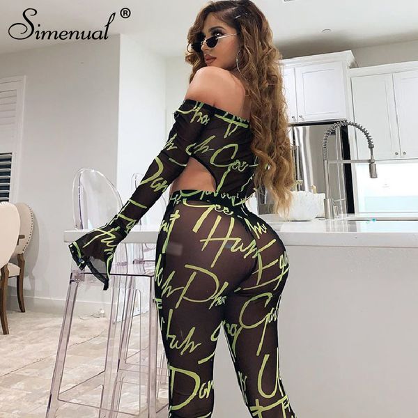 

simenual mesh transparent women co-ord set letter print off shoulder 2 piece outfit long sleeve bodysuit and pants sets, White