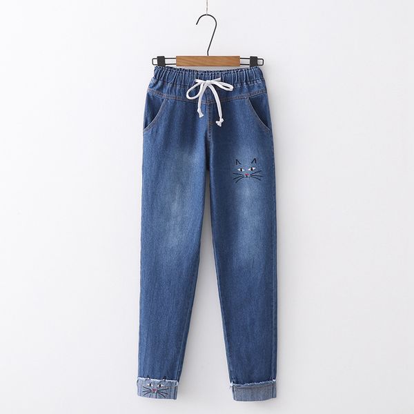

autumn new style korean-style versatile college style beard embroidered drawstring elastic waist cowboy long pants, Blue