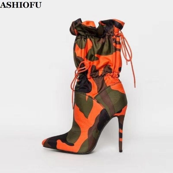

ashiofu handmade ladies high heel boots camouflage party prom ankle boots shoelace evening fashion stiletto shoes, Black