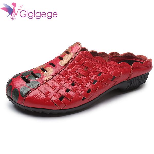 

xiuteng 2018 summer slippers genuine leather flat shoes women slides cut out handmade flower comfortable roundtoes women shoes, Black