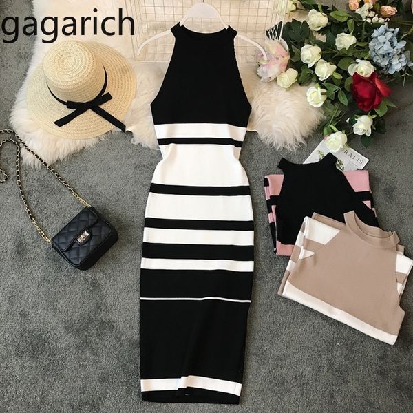 

gagarich fashion striped stretch women dress sleeveless vintage bodycon dresses knitted elegant vestido summer 2019 robe, Black;gray