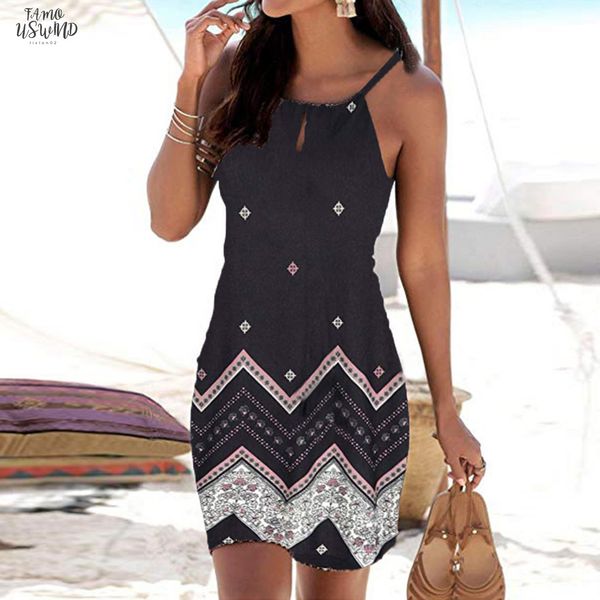 

women halter neck boho dress print sleeveless casual mini beachwear dresses sundress party summer dresses 2020 beach dress new, Black;gray