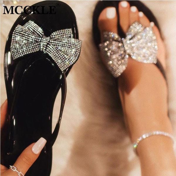

mcckle 2020 woman pu leather bling summer slippers women butterfly knot beach shoes female slip on flip flops ladies flat new, Black