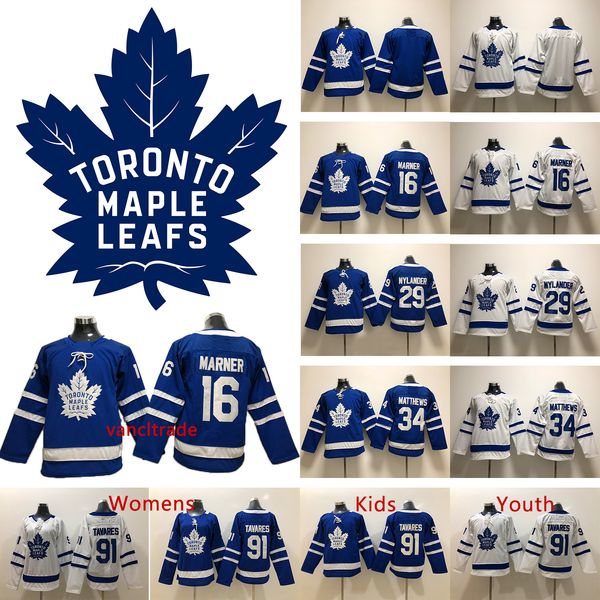 

toronto maple leafs 16 mitchell marner 29 william nylander 34 auston matthews 91 john tavares womens kids home away ice hockey jerseys, Black;red
