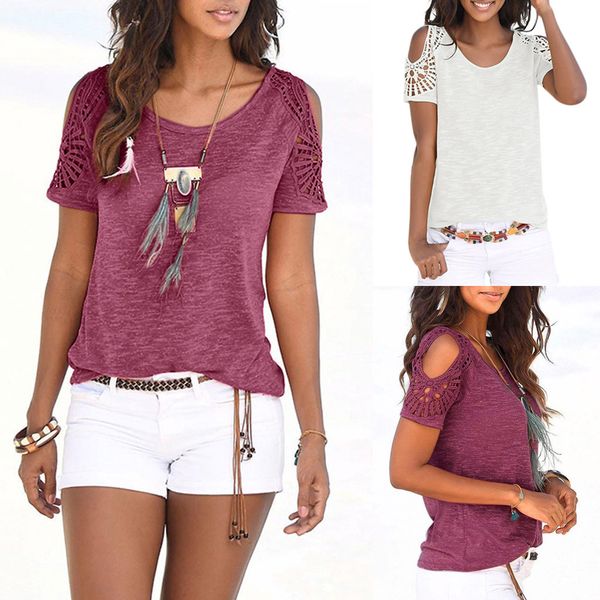 

new fashion solid color women clothes casual womens bohemian short sleeve o neck lace patchwork tee shirt #c, White