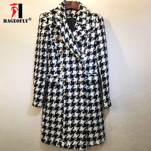 

autumn winter plaid wool blends new stylish runway 2018 designer wool coat women double breasted lion buttons long coat overcoat, Black