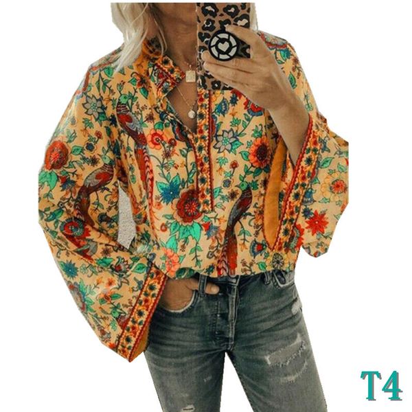 

fashion women blouses autumn designer casual boho lantern shirt long-sleeved loose v neck floral shirts 5 colors s-2xlt4, White