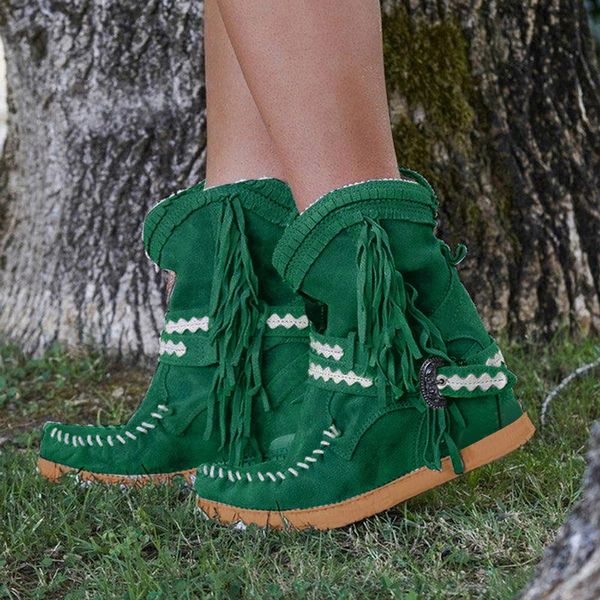 

2020 women ankle short boots tassels round toe buckle strap boots ethnic style warm non-slip shoe for ladies botas mujer, Black
