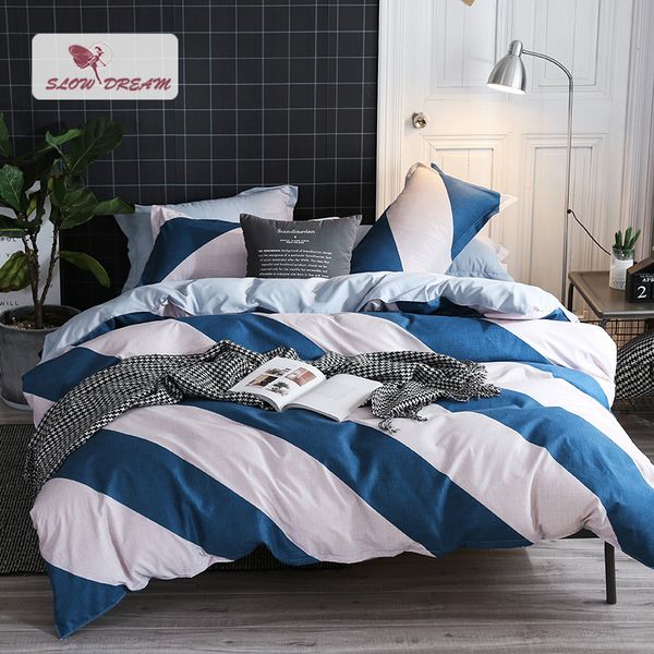 Slowdream Geometry Art Bedding Set Blue White Striped Bedspread