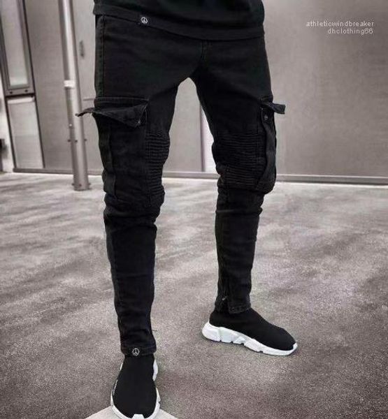 

black ripped distressed holes design jean pencil pants pockets hommes pantalones cool mens designer jeans spring autumn, Blue
