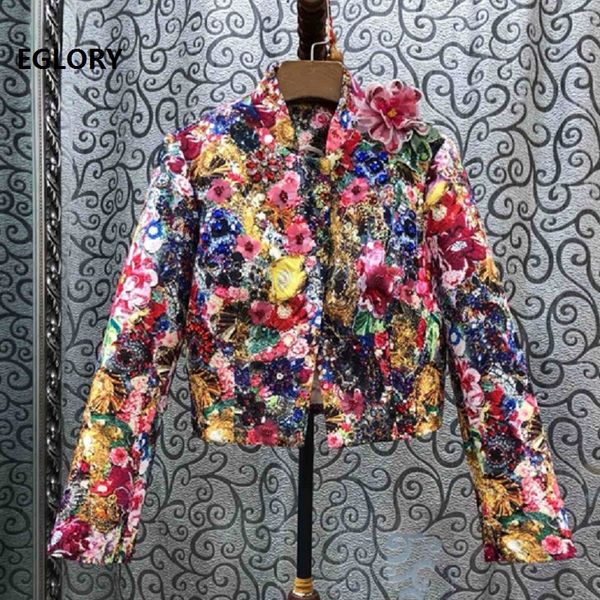 

sequined jacket 2019 autumn coat women allover appliques flower beading long sleeve casual jacket outwear, Black;brown