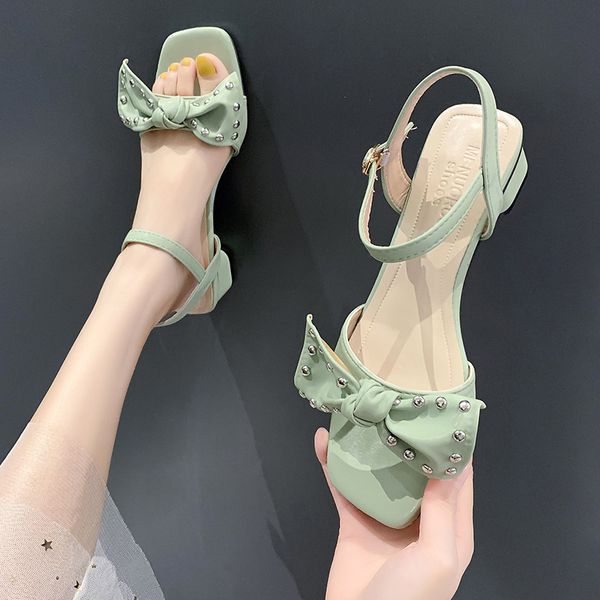 

beige heeled sandals block heels bow shoes 2020 women's all-match med black chunky rhinestone fashifemale summer high