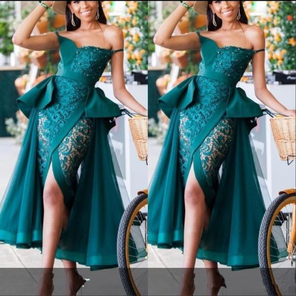 

hunter green see through evening dresses peplum lace and tulle front split cocktail party dress beads pearls african mermaid evening gowns, Black;red