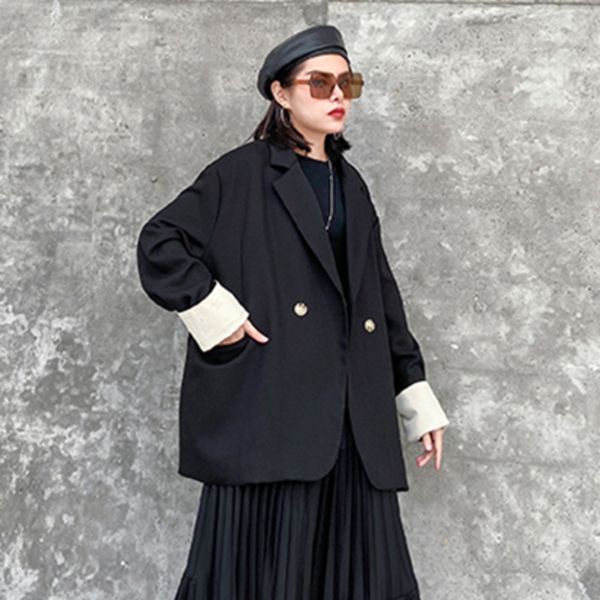 

simple women black contrast color big size blazer new lapel long sleeve loose fit jacket fashion tide spring autumn 2020 r442, White;black