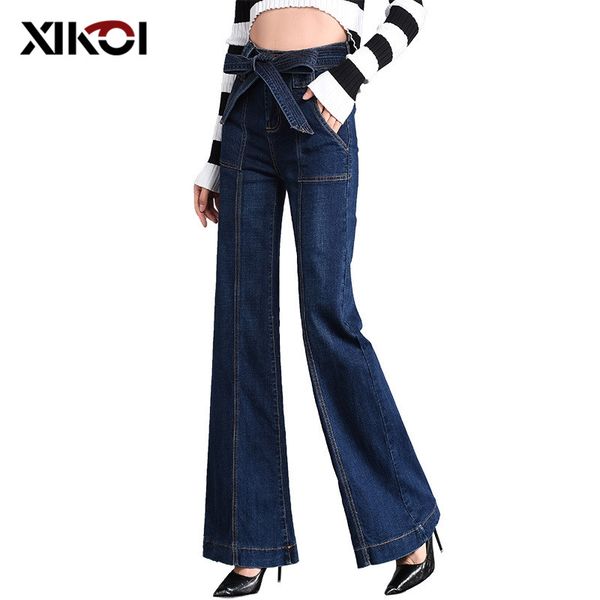 

xikoi spring fall mid waist flare jeans pants stretch skinny jeans women wide leg slim hip denim boot cut trousers with sashes, Blue