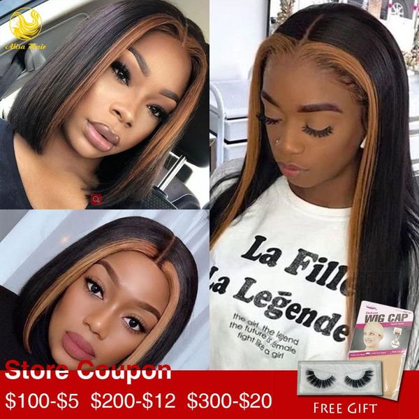 

alisa hair silky straight balayage human hair wigs colored #27 highlights lace front wig ombre short bob wigs for black women, Black;brown