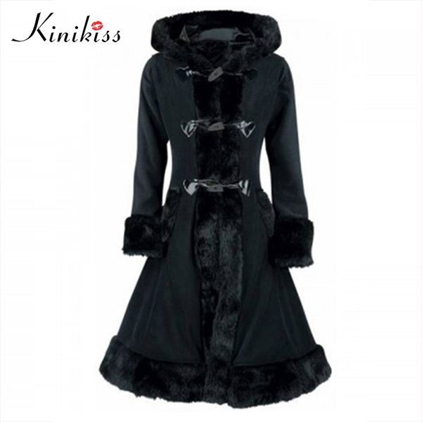 

kinikiss vintage coat trench black fur women winter overcoat hooded button slim trench retro outwear autumn thick coats, Tan;black