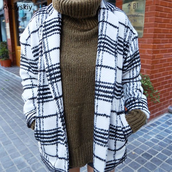 

wool women turn-down collar plaid retro simple all-match korean style soft daily blends womens trendy pockets coats, Black