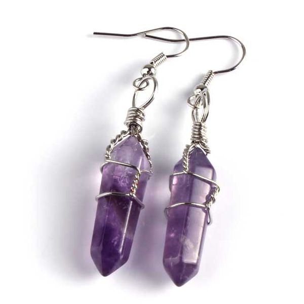 

wholesale 10 pairs silver plated wire wrap hexagon column amethyst stone earrings for women fashion jewelry