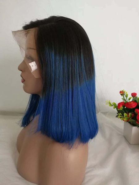 Colored Blue Human Hair Wigs For Black Women Straight Brazilian Ombre Short Pixie Bob Wig Cheap Pre Plucked 1b Blue Glueless Lace Front Wig Glueless