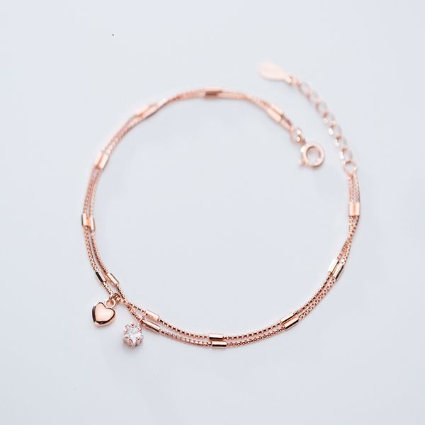 

925 sterling silver korean fashion double layer chain sweet heart shape bracelet for women lady daughter fine jewelry gift, Golden;silver